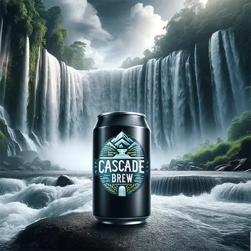 a can in front of waterfall